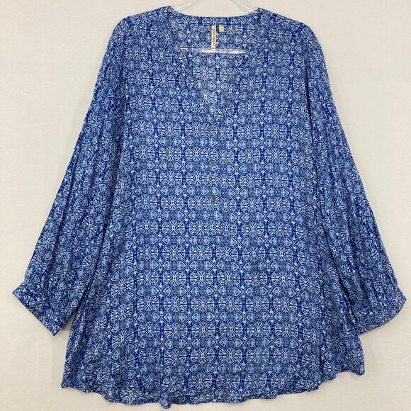 Grand & Green size 1X Blue V Neck Abstract Pattern Ultra Soft Blouse Office - Picture 1 of 12